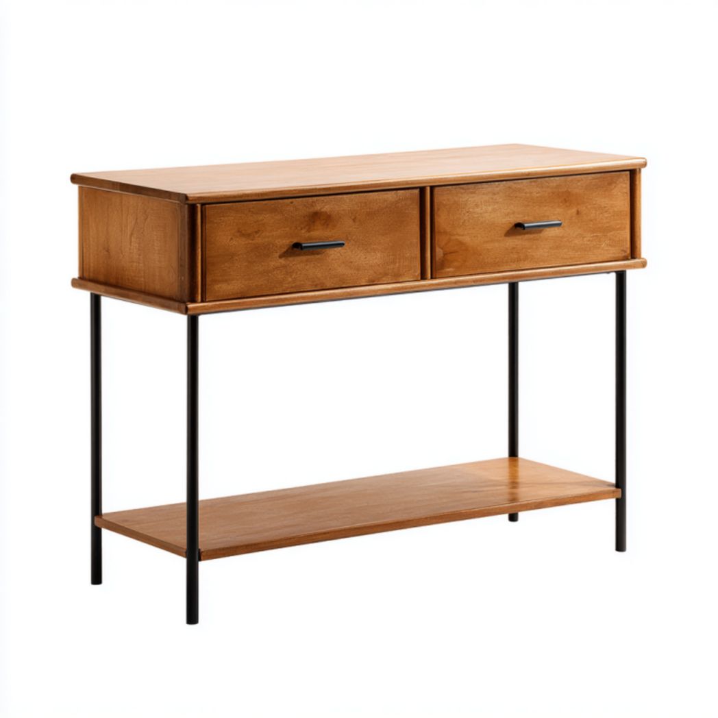 Eikenhouten console tafel met metalen voet en drie lades 90 x 40 x 75cm