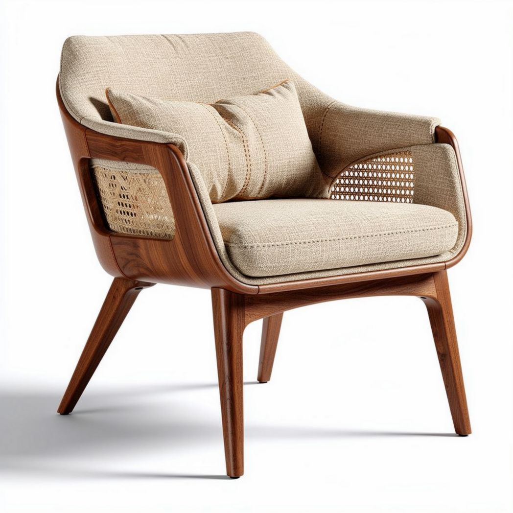 Houten fauteuil met stoffen bekleding en kussen 75 x 75 x 85cm