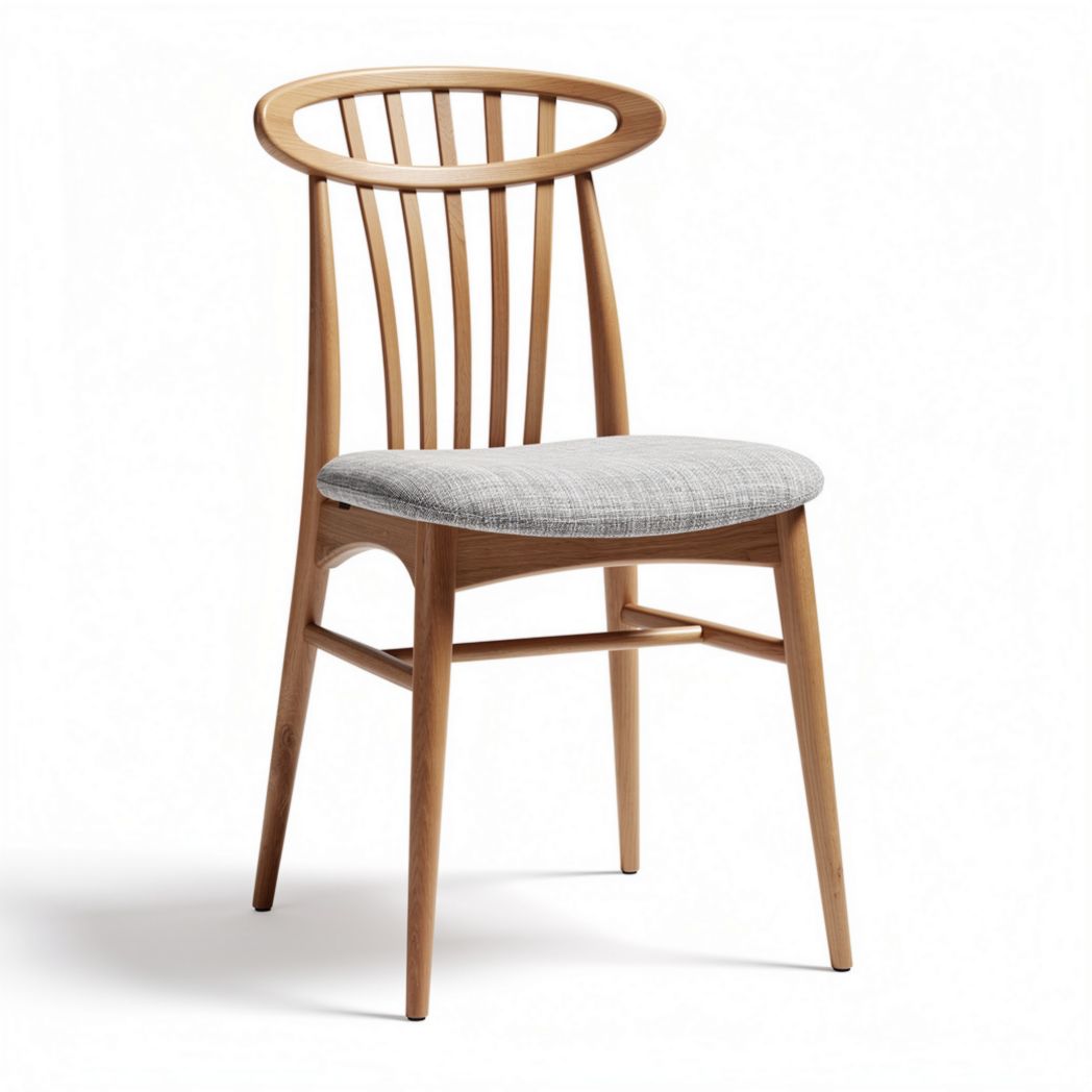 Houten stoel met grijs stoffen kussen en afmetingen 45 x 45 x 90cm