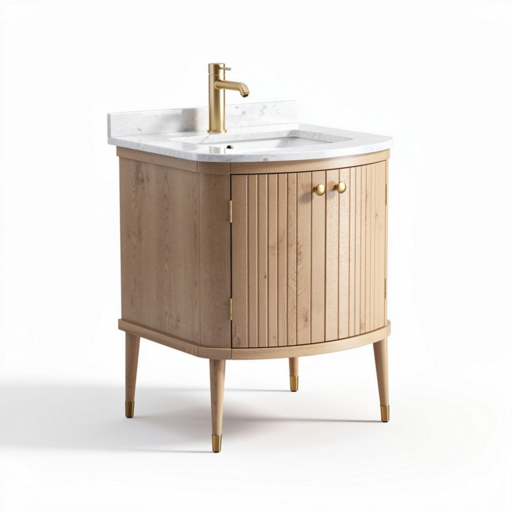Eiken badkamermeubel met marmeren wastafel en gouden kraan 60 x 45 x 85cm