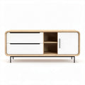 TV-meubel in wit en naturel hout met laden en open vakken 150 x 40 x 50cm
