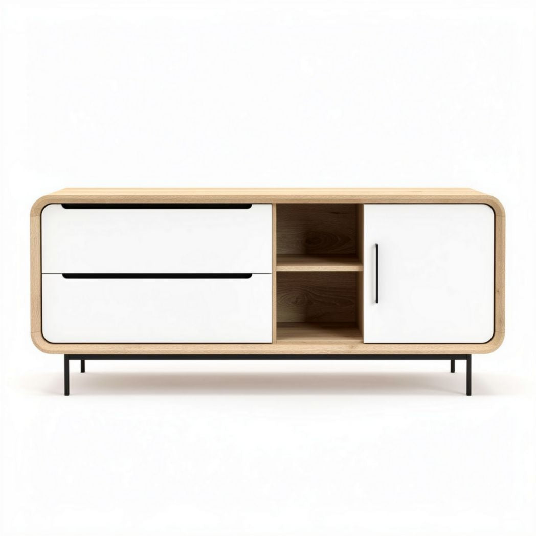 TV-meubel in wit en naturel hout met laden en open vakken 150 x 40 x 50cm