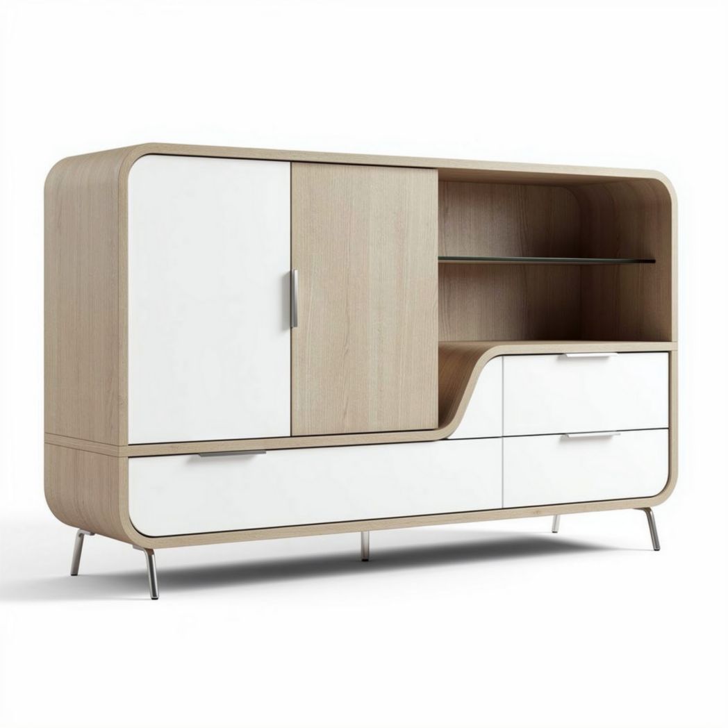 Houten tv-meubel met witte deuren en glazen plank 150 x 40 x 80cm