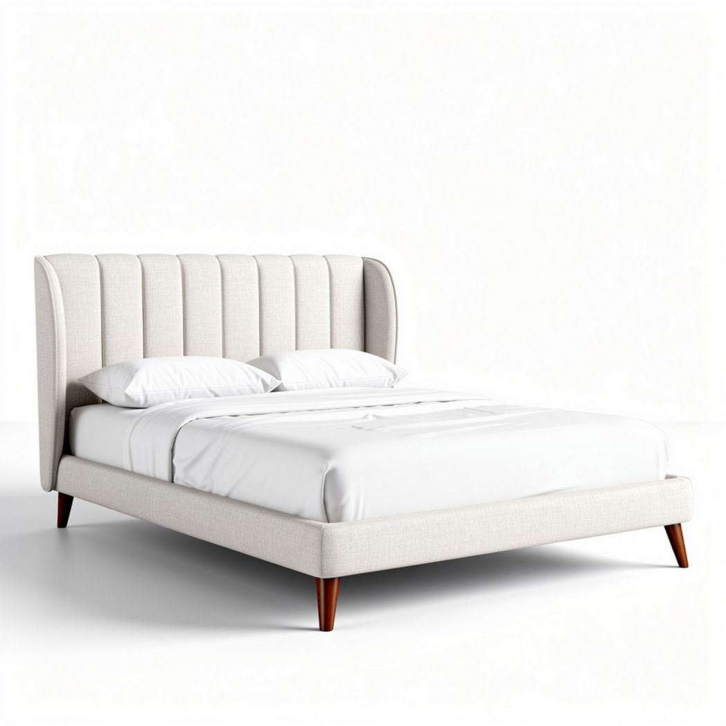 Bed in stof met hoofdbord en houten poten 200 x 160 x 100cm crème