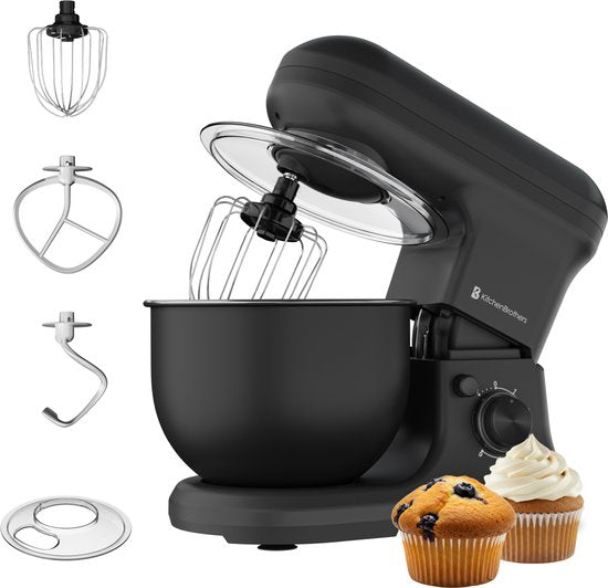 KitchenBrothers 1200W Keukenmachine - Keukenrobot - 5L - Mixer met Mengkom - Keukenmixer - Matzwart(Matzwart， 1200W)