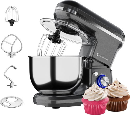 KitchenBrothers 1200W Keukenmachine - Keukenrobot - 5L - Mixer met Mengkom - Keukenmixer - Antraciet(Antraciet， 1200W)