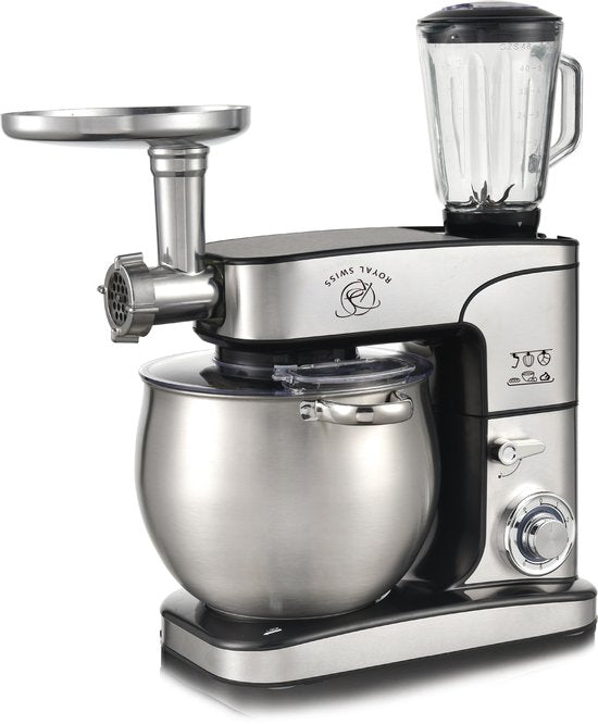Royal Swiss Keukenmachine 10L XXL – 2000W Krachtige Standmixer – 3-in-1 met Vleesmolen  Glazen Blender – 6 Snelheden + Pulse – RVS Mengkom