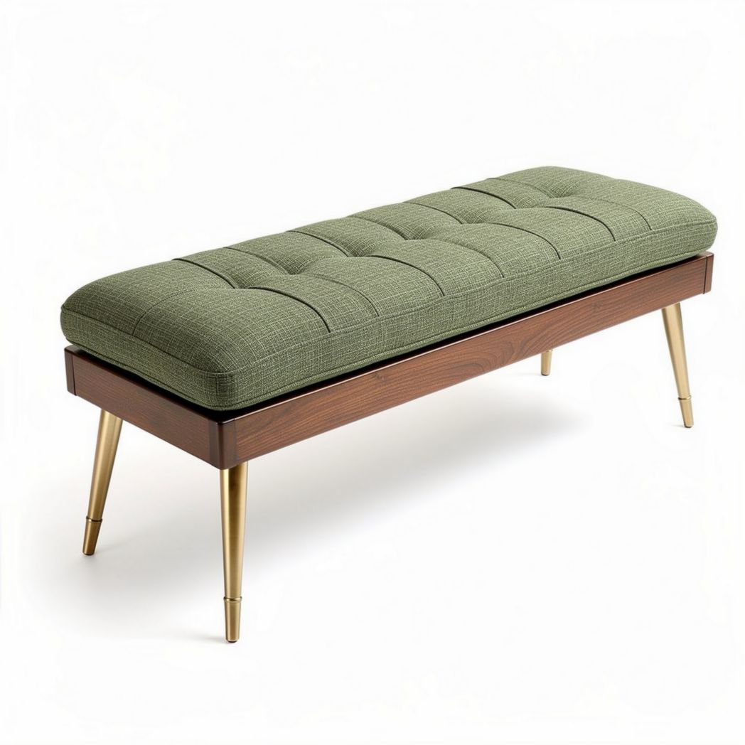 Bankje van groen stof met houten lade en gouden poten 120 x 40 x 45cm