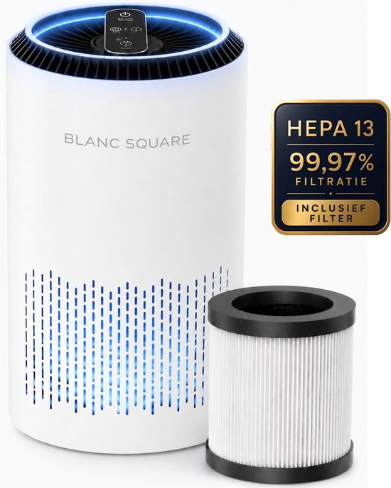 BLANC SQUARE Luchtreiniger Air Purifier PRO - Met vervangbaar HEPA 13 + Koolstof filter - CADR 170m³/h 30m² - Filtert Fijnstof, Hooikoorts, Pollen en Huisstofmijtallergenen - Clean Air Stille Slaapstand(170)