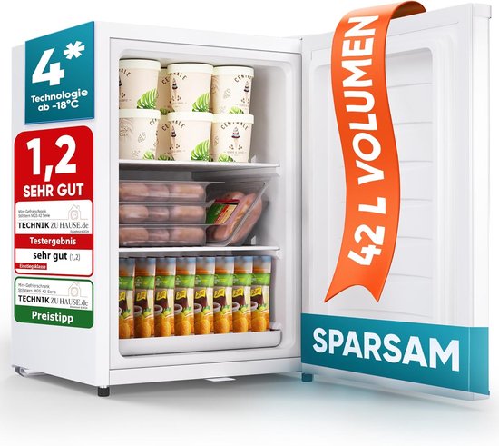 Stillstern Mini-vriezer - Klein  Stil - 42 l, mini-diepvrieskist -18 °C met ijsblokjesbakje  slot - Deurscharnier rechts/links - 4-sterren diepvrieskast kleine diepvriezers [energieklasse E](Weiss)