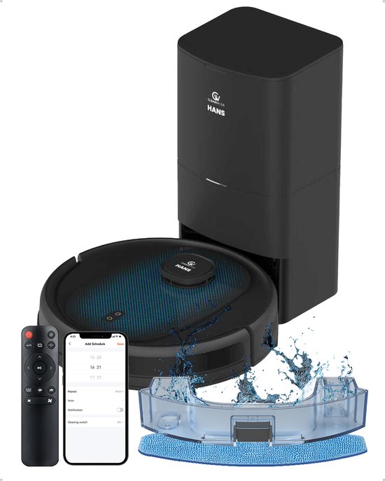 CleanWise Hans Robotstofzuiger met Dweilfunctie  Automatisch Leegstation – 90 dagen handsfree – Nederlands Product – Dweilrobot – LiDAR Navigatie – 7000 Pa – HEPA 14 Filter – Tapijtherkenning – No-Go Zones – Voor Huisdierharen(zwart/Hans)