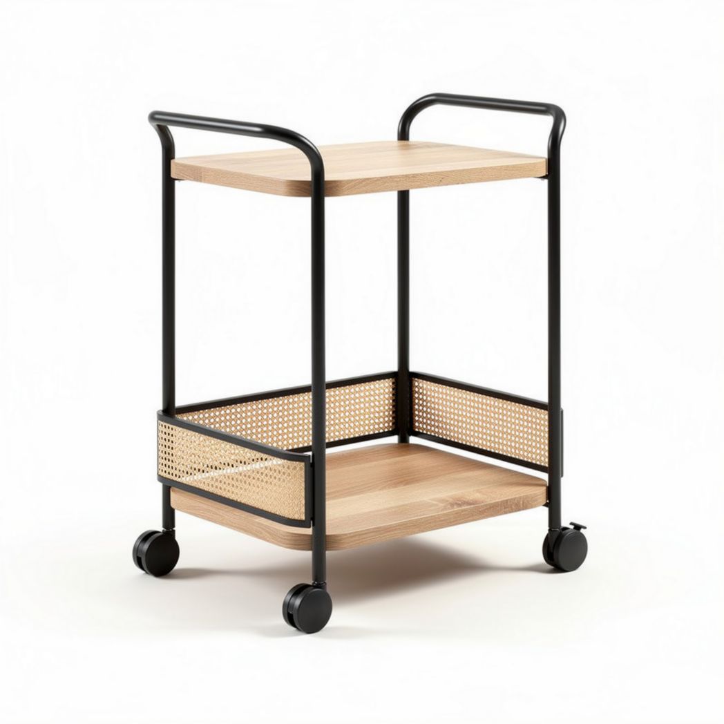 Houten serviestrolley met zwart metalen frames en wielen 40 x 30 x 70cm
