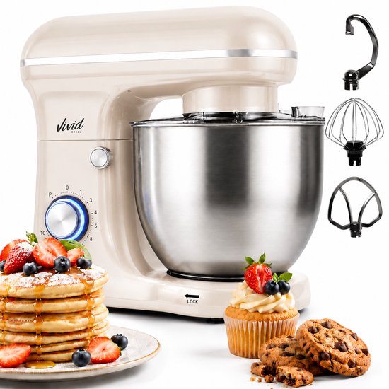 Vivid Green 1500W Keukenmixer - 5L Mengkom - 10 Snelheden - Keukenmachine - Keukenrobot - Crème(Creme)